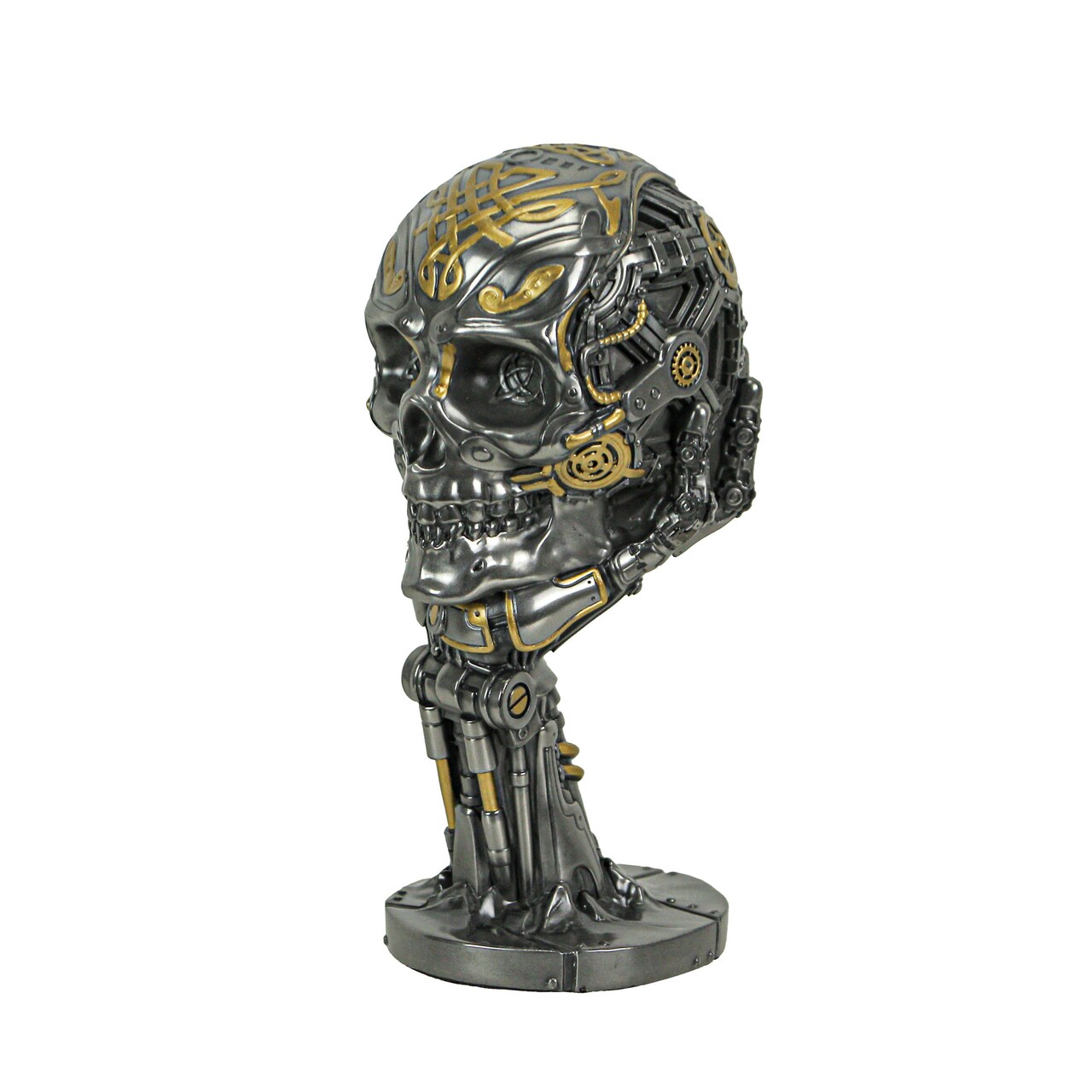 Silver / Gold Finished Steampunk Human Skull Statue - Robotic Arm Base
